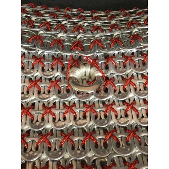 Handmade Aluminum Pop Tab Bag Purse Red String Accents Button Closure - Picture 3 of 8